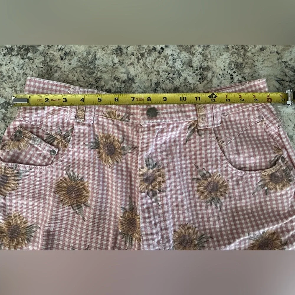 Cactus Jeans Pink White Gingham Check Sunflowers Denim Shorts Size 16 Vintage - Picture 8 of 10